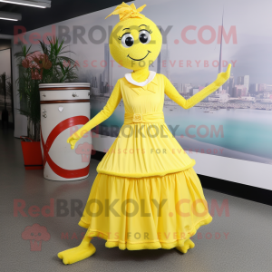 Lemon Yellow Stilt Walker mascot costume character dressed with a A-Line Skirt and Bracelets
