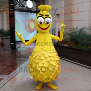 Lemon Yellow Stilt Walker mascot costume character dressed with a A-Line Skirt and Bracelets