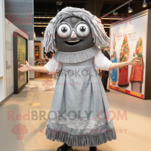 Gray Enchiladas mascot costume character dressed with a Mini Dress and Eyeglasses