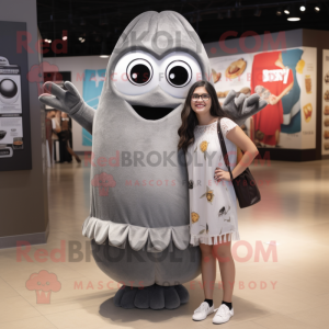 Gray Enchiladas mascot costume character dressed with a Mini Dress and Eyeglasses
