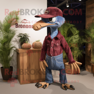 Maroon Dimorphodon mascot costume character dressed with a Denim Shirt and Clutch bags