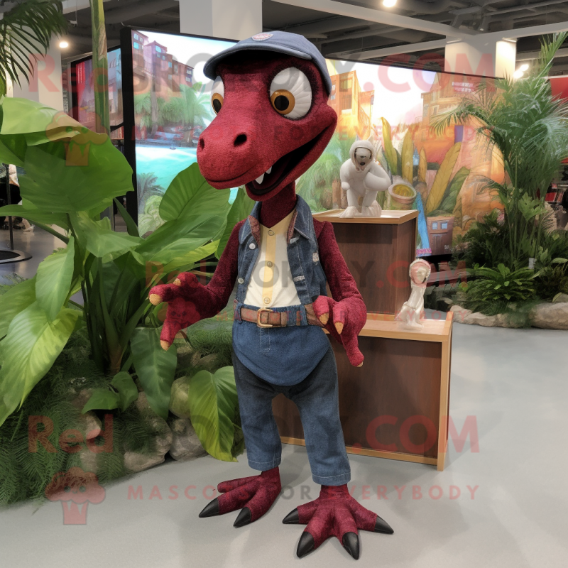 Maroon Dimorphodon mascot costume character dressed with a Denim Shirt and Clutch bags