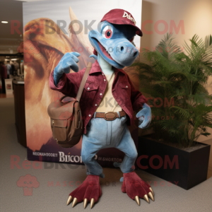 Maroon Dimorphodon mascot costume character dressed with a Denim Shirt and Clutch bags