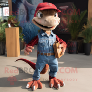 Maroon Dimorphodon mascot costume character dressed with a Denim Shirt and Clutch bags