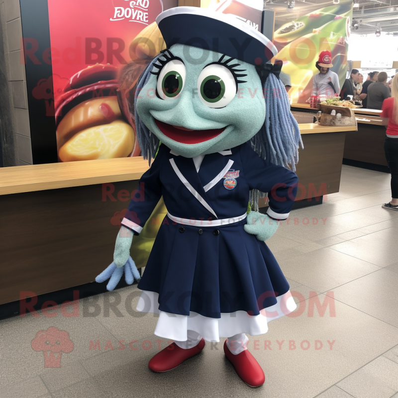 Navy Ceviche mascot costume character dressed with a Mini Skirt and Shoe clips