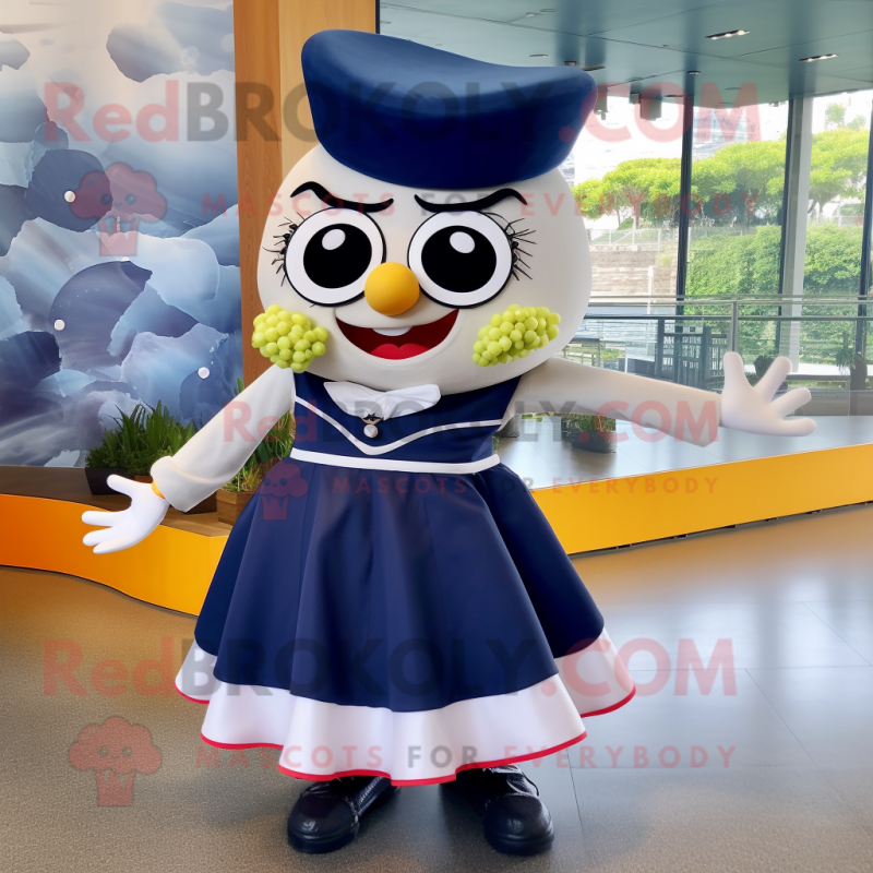 Navy Ceviche mascot costume character dressed with a Mini Skirt and Shoe clips Navy Ceviche mascot costume character dressed with a Mini Skirt and Shoe clips