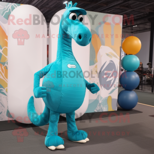 Cyan Brachiosaurus mascot costume character dressed with a Joggers and Brooches