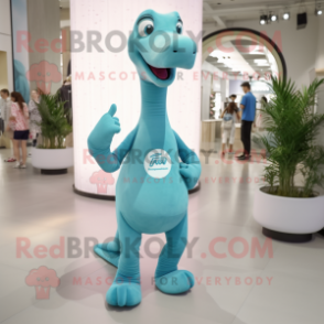 Cyan Brachiosaurus mascot costume character dressed with a Joggers and Brooches