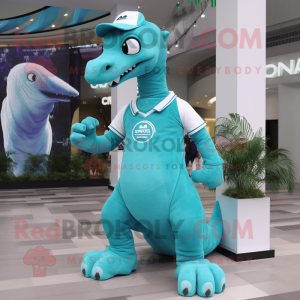 Cyan Brachiosaurus mascot costume character dressed with a Joggers and Brooches