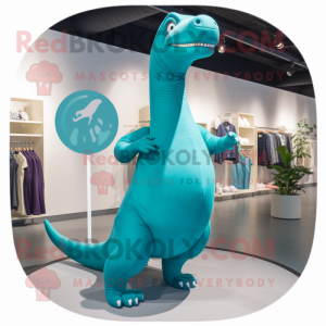 Cyan Brachiosaurus mascot costume character dressed with a Joggers and Brooches