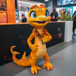 Orange Lizard mascot costume character dressed with a Leggings and Necklaces