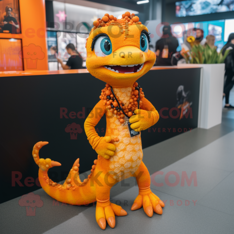 Orange Lizard mascot costume character dressed with a Leggings and Necklaces Orange Lizard mascot costume character dressed with a Leggings and Necklaces