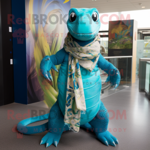 Turquoise Python mascot costume character dressed with a Chinos and Scarf clips