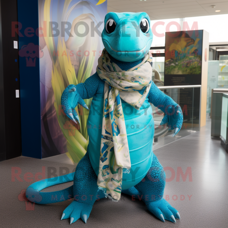 Turquoise Python mascot costume character dressed with a Chinos and Scarf clips