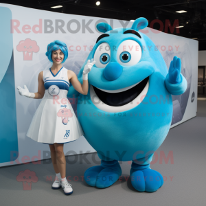 Cyan Rugby Ball mascot costume character dressed with a Midi Dress and Rings