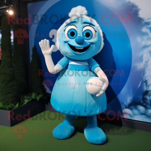 Cyan Rugby Ball mascot costume character dressed with a Midi Dress and Rings