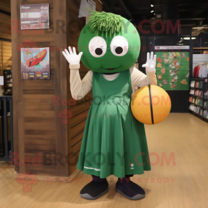 Forest Green Human Cannon Ball mascot costume character dressed with a Maxi Skirt and Tote bags