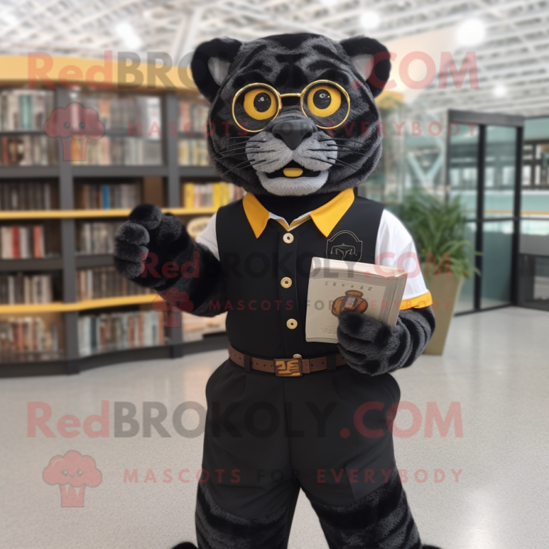 Black Tiger mascot costume character dressed with a Oxford Shirt and Reading glasses Black Tiger mascot costume character dressed with a Oxford Shirt and Reading glasses