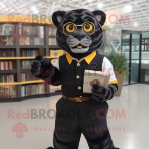 Black Tiger mascot costume character dressed with a Oxford Shirt and Reading glasses