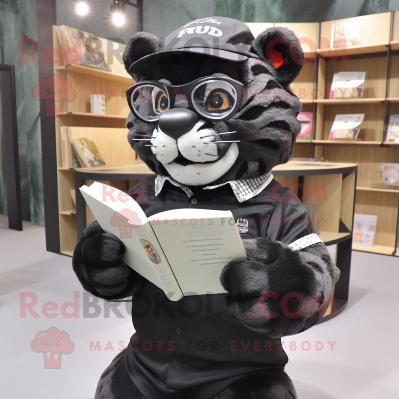 Black Tiger mascot costume character dressed with a Oxford Shirt and Reading glasses Black Tiger mascot costume character dressed with a Oxford Shirt and Reading glasses