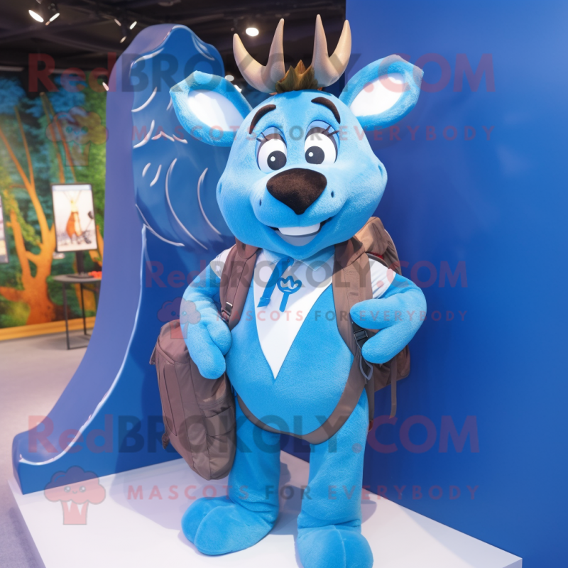 Blue Reindeer mascot costume character dressed with a Poplin Shirt and Backpacks