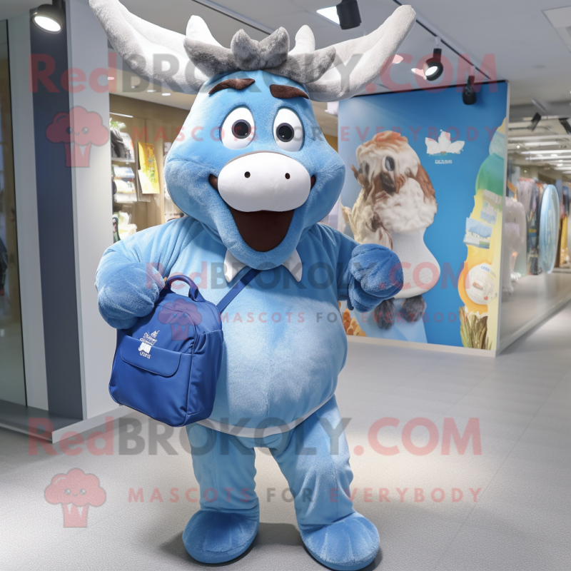 Blue Reindeer mascot costume character dressed with a Poplin Shirt and Backpacks