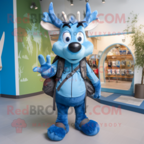 Blue Reindeer mascot costume character dressed with a Poplin Shirt and Backpacks