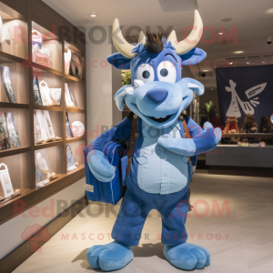 Blue Reindeer mascot costume character dressed with a Poplin Shirt and Backpacks