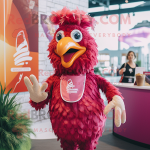 Magenta Chicken Parmesan mascot costume character dressed with a Swimwear and Cummerbunds