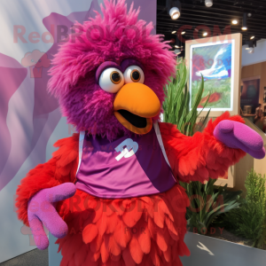 Magenta Chicken Parmesan mascot costume character dressed with a Swimwear and Cummerbunds