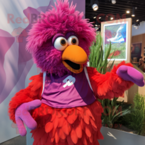 Magenta Chicken Parmesan mascot costume character dressed with a Swimwear and Cummerbunds