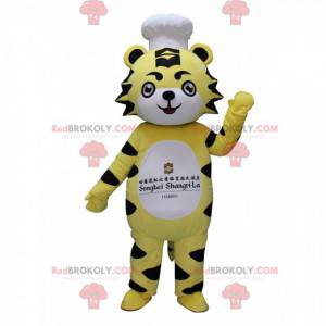 Mascote tigre amarelo, branco e preto com chapéu de chef -