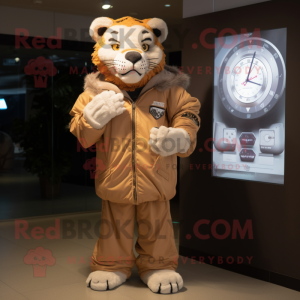 Tan Tiger mascot costume character dressed with a Windbreaker and Digital watches