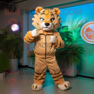 Tan Tiger mascot costume character dressed with a Windbreaker and Digital watches