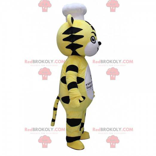 Mascote tigre amarelo, branco e preto com chapéu de chef -