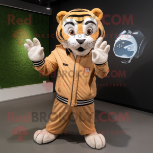 Tan Tiger mascot costume character dressed with a Windbreaker and Digital watches