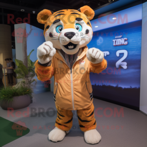 Tan Tiger mascot costume character dressed with a Windbreaker and Digital watches