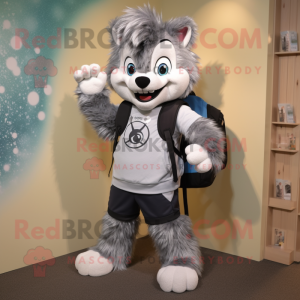 Silver Say Wolf mascot costume character dressed with a Hoodie and Messenger bags