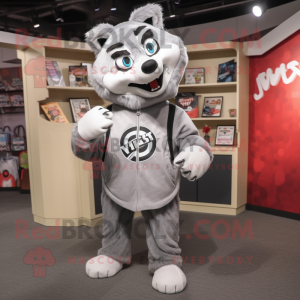 Silver Say Wolf mascot costume character dressed with a Hoodie and Messenger bags