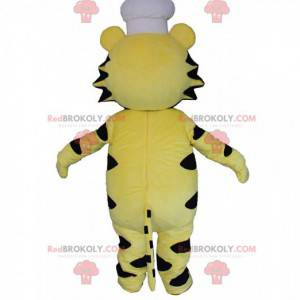 Mascot yellow, white and black tiger with a chef's hat -