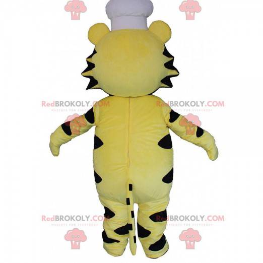 Mascote tigre amarelo, branco e preto com chapéu de chef -