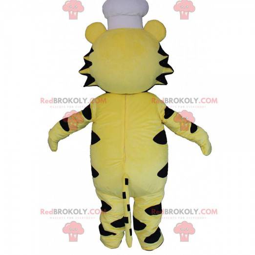 Maskot žlutý, bílý a černý tygr s kuchařskou čepicí -