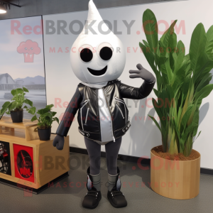Silver Radish mascot costume character dressed with a Biker Jacket and Shoe laces