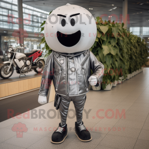 Silver Radish mascot costume character dressed with a Biker Jacket and Shoe laces