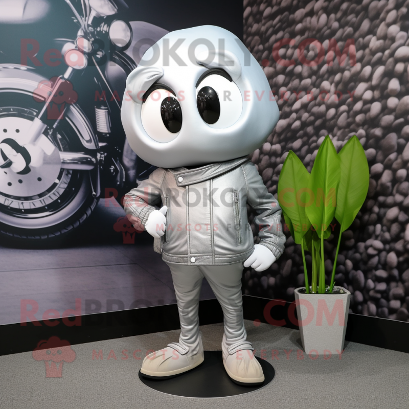 Silver Radish mascot costume character dressed with a Biker Jacket and Shoe laces