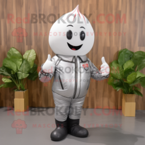 Silver Radish mascot costume character dressed with a Biker Jacket and Shoe laces