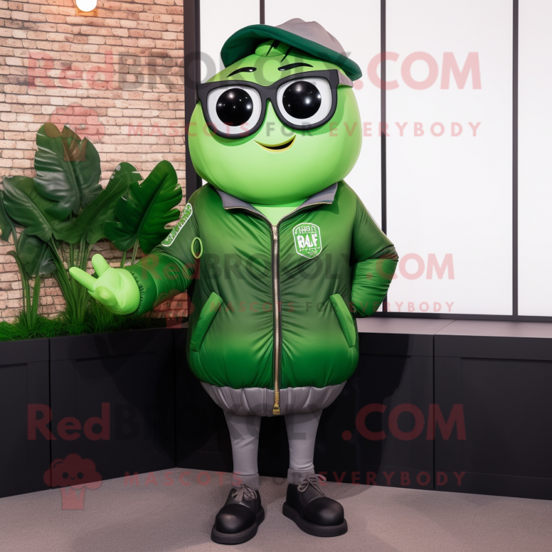 Forest Green Pepper mascot costume character dressed with a Bomber Jacket and Eyeglasses