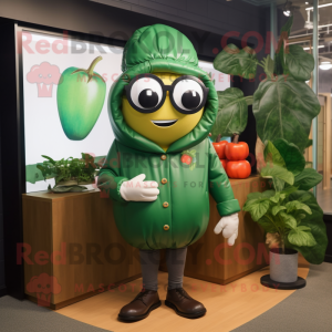Forest Green Pepper mascot costume character dressed with a Bomber Jacket and Eyeglasses