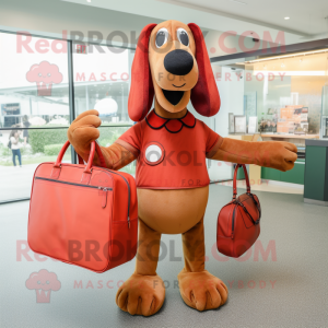 Rust Hot Dogs mascot costume character dressed with a Polo Shirt and Handbags