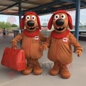 Rust Hot Dogs mascot costume character dressed with a Polo Shirt and Handbags